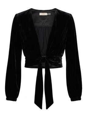 RAMY BROOK Black Velvet Tie Front Crop Top Long Sleeve Evening Blouse Pristine